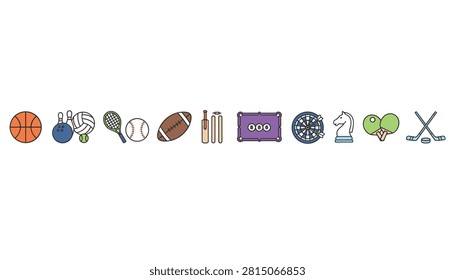 Comprehensive line of colorful flat icons representing various popular sports, games, and recreation activities.