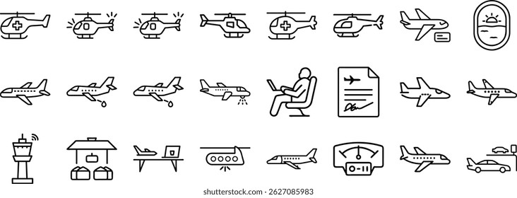 A comprehensive line editable icons set depicting various aspects of air travel and aviation