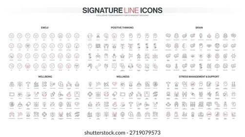 Colección completa de iconos de línea que cubre rostros emoji, pensamiento positivo, actividad cerebral, bienestar, bienestar, manejo del estrés, salud mental y Asistencia emocional Ilustración vectorial aislada