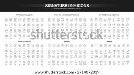 Comprehensive line icon collection covering artificial intelligence, analytics, business performance, KPI, strategy, warning, and winner concepts isolated vector illustration