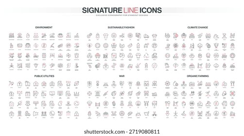 La colección completa de íconos de línea cubre temas de medio ambiente, moda sostenible, cambio climático, servicios públicos, guerra y agricultura orgánica en una Ilustración vectorial aislada moderna