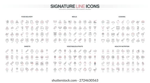 Umfassende Line-Icon-Kollektion umfasst Lebensmittellieferung, Mahlzeiten, Kochen, Süßigkeiten, Gemüse, Obst und gesunde Ernährungskonzepte in modernem Minimalstil, einzelne Vektorgrafik