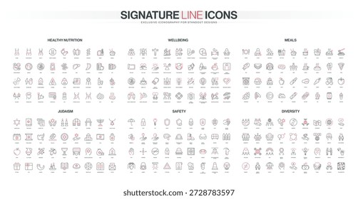 Comprehensive line icon collection covers healthy nutrition, wellbeing, meals, Judaism, safety, and diversity themes in a modern flat style isolated vector illustration