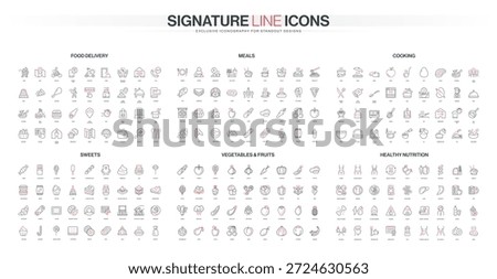 Comprehensive line icon collection covers food delivery, meals, cooking, sweets, vegetables, fruits, and healthy nutrition concepts in modern minimal style isolated vector illustration