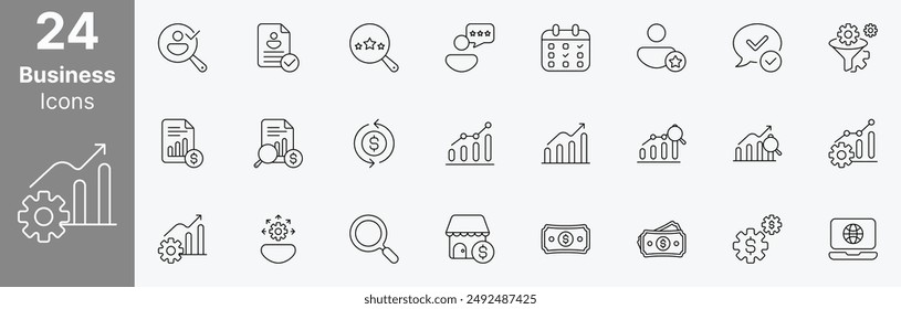 Comprehensive Line Icon Set for Business and Finance, featuring 24 essential icons for marketing, strategy, analytics, growth, and financial management. Ideal for web and app design, presentations