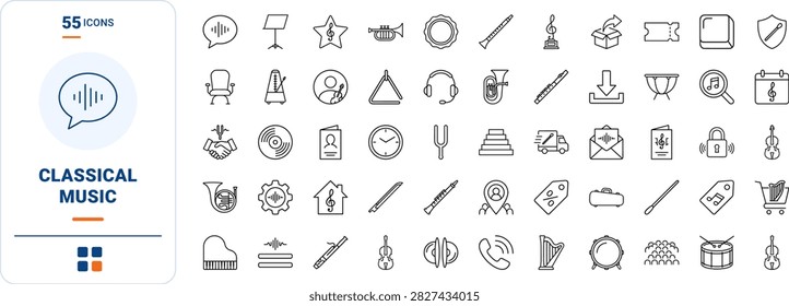 Comprehensive line icon set for classical symphony orchestra websites. Clean thin linear illustration covering musical instruments, performance halls, ticket booking, and web navigation.