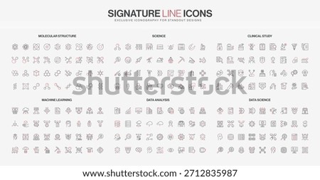 Comprehensive line icon set covering molecular structure, science, clinical study, machine learning, data analysis, and data science topics isolated vector illustration