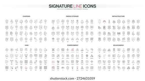 El completo conjunto de iconos de línea cubre conceptos de carga, almacenamiento de energía, infraestructura, HVAC, energía y energía solar con detalles modernos de Ilustración vectorial aislada en rojo y negro