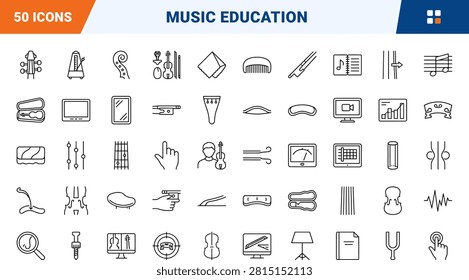 A comprehensive line icon set detailing music education and violin practice techniques. This thin linear illustration collection covers instrument components and student learning workflows.