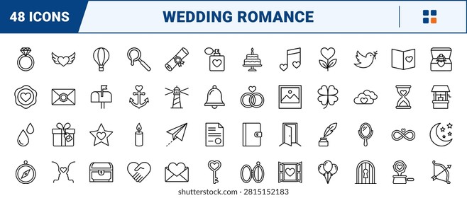 A comprehensive line icon set detailing romantic correspondence and wedding invitations. This collection features a thin linear illustration of seals, envelopes, and relationship symbols.