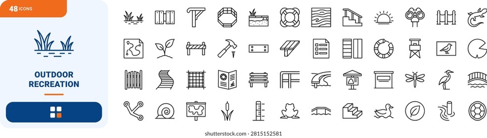 A comprehensive line icon set detailing marsh boardwalk path elements, wetland wildlife, and wooden walkway infrastructure in a clean thin linear illustration.