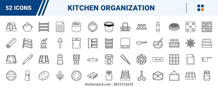 A comprehensive line icon set detailing kitchen spice drawer organizer solutions, seasoning jars, and pantry storage equipment in a clean thin linear illustration style.