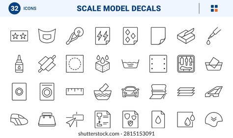 A comprehensive line icon set detailing hobby craft modeling processes. This collection features a thin linear illustration of transfer tools, decal sheets, and application methods.