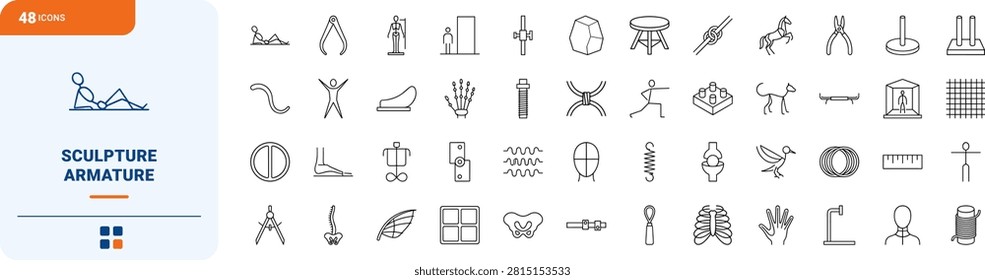 A comprehensive line icon set detailing figure sculpture skeletal frames, armatures, posing structures, and modeling tools. This collection offers a clear, thin linear illustration of artistic modeling concepts.
