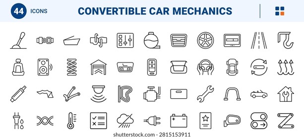 A comprehensive line icon set detailing convertible roof down operations and open-top driving mechanics. This thin linear illustration covers automotive controls, soft top components, and cabriolet engineering features.