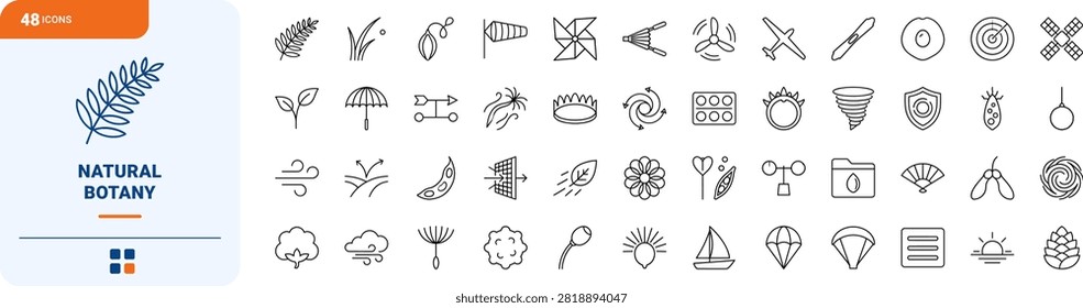A comprehensive line icon set detailing the mechanics of wind-driven seed dispersal and natural aerodynamics. This thin linear illustration covers botanical structures, wind patterns, and ecological factors.