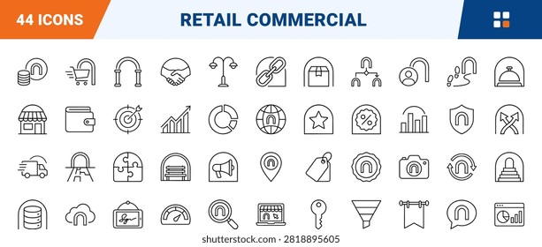 A comprehensive line icon set detailing commercial arcade architecture, shopping walkways, and retail navigation symbols. This thin linear illustration collection features sixty-four vector assets for urban commerce design.