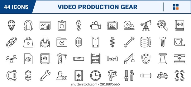 A comprehensive line icon set detailing video camera support systems, jib arms, counterweights, and rigging gear. This professional collection features clean symbols for video production setups and balance equipment in a uniform thin linear illustration style.