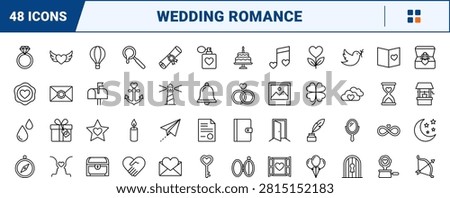 A comprehensive line icon set detailing romantic correspondence and wedding invitations. This collection features a thin linear illustration of seals, envelopes, and relationship symbols.