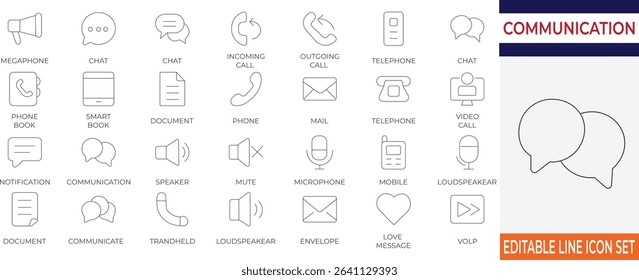 A comprehensive line icon set for digital and traditional communication tools. Perfect for mobile apps, messaging platforms, and telecom-related designs.