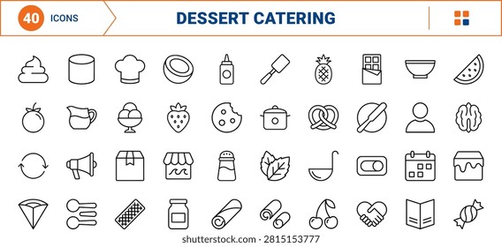 A comprehensive line icon set featuring catering tools and dessert ingredients. This professional thin linear illustration covers storefront operations, sweet toppings, and kitchen utensils.