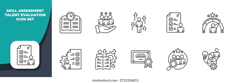 A comprehensive line icon set illustrating various aspects of skill assessment, talent evaluation, career development, and human resource management processes.