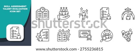 A comprehensive line icon set illustrating various aspects of skill assessment, talent evaluation, career development, and human resource management processes.