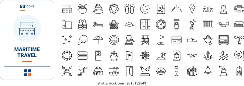 Comprehensive line icon set representing cruise ship deck activities and amenities, featuring thin linear illustration of maritime travel objects.