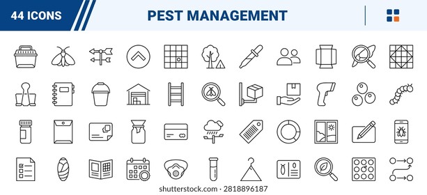A comprehensive line icon set representing pest control, insect trapping, and agricultural monitoring tools. This thin linear illustration collection covers monitoring equipment, pheromone lures, and crop protection management.