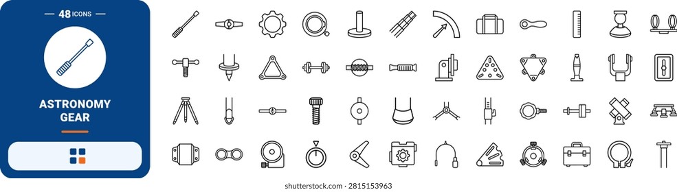 A comprehensive line icon set showcasing refractor telescope tripod components and professional astronomy mounting hardware. This thin linear illustration collection features various astrophotography gear elements.