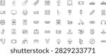 Comprehensive line vector icon set featuring computer hardware, tech peripherals, network equipment, and office setup elements on a clean white background. Collection includes server racks, wired and wireless computer mice, USB flash drives, motherboards, webcams, laptops, graphic drawing tablets with stylus pens, wired and wireless keyboards, full desktop workstation setups, monitors, printers, video projectors, audio speakers, audio jack cables, DVI and VGA display adapters, USB connectors, hard disk drives HDD, CPU processors, solid state drives SSD, battery backup units, HDMI ports, SD memory cards, expansion cards, flatbed scanners, serial ports, over-ear headphones, electric cords, floppy disks, PSU units, Wi-Fi routers, RAM memory sticks, GPU graphics cards, network structure diagrams, smart monitors, CPU microchips, gaming joysticks, wall charger adapters, digital graphics tablets, desk workspaces, gamepad controllers, earbuds, light bulbs, office chairs, extension strips, optical CD DVD discs, and internal expansion ports in a clean outline style. Ideal for IT support services, PC building guides, hardware repair catalogs, technology web design, user interfaces, and digital business presentations.