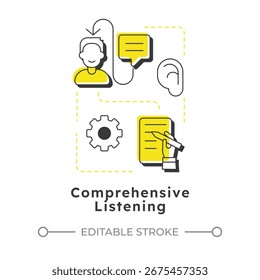 Icono de concepto lineal moderno de escucha integral. Proceso de estudio, aprendizaje del conocimiento. Escritura de documentos. Elementos de contorno plano conectados con líneas punteadas. Visual creativo. Fácil de editar