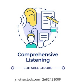 Ícone de conceito de multicor de escuta abrangente. Estudar o processo, aprender. Escrita de documento. Ilustração de linha de forma redonda. Ideia abstrata. Design gráfico. Fácil de usar no livreto, post no blog