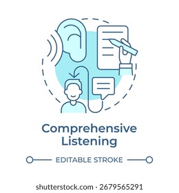 Comprehensive listening soft blue concept icon. Studying process, learning. Document writing. Round shape line illustration. Abstract idea. Graphic design. Easy to use in booklet, blog post