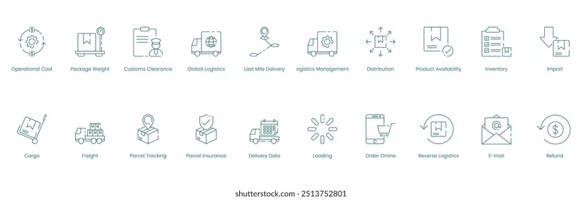 Comprehensive Logistics and Freight Management Vector Icon Set for Operational Costs and Delivery Solutions