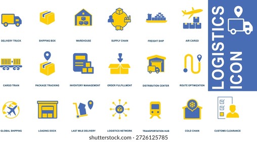 Conjunto de iconos de logística integral con símbolos de línea plana azul y amarillo para la gestión de la cadena de suministro global, envío, camiones de entrega, almacén y transporte de carga.