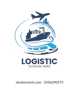 Umfassendes Logistik-Logo-Design Vektor-Logo-Design, das die globale Logistik mit Symbolen für Luft-, See- und Schienenverkehr darstellt. Ideal für Logistikunternehmen.