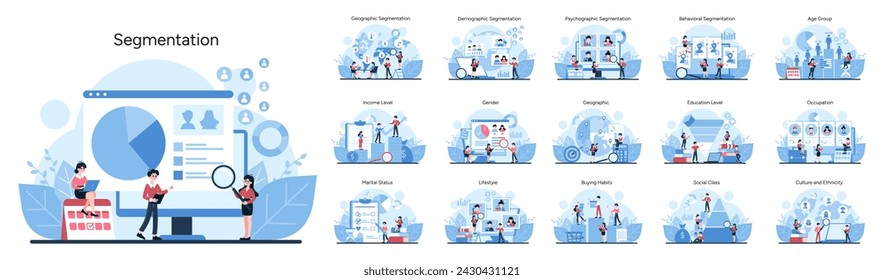 Comprehensive Market Segmentation guide. An all-encompassing vector set illustrating diverse consumer groups across demographic, geographic, and psychographic lines. Vector illustration