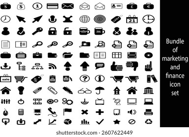 Comprehensive Marketing and Finance Icon Set for Design Projects, A large collection of black and white marketing and finance icons.