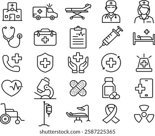 Comprehensive Medical and Healthcare Icon Set for Clinics, Hospitals, and Health Services.