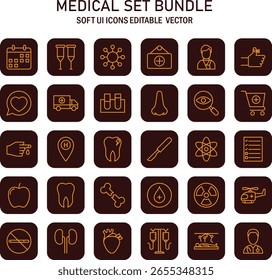 Comprehensive medical icon set bundle showcasing various healthcare elements and instruments with soft user interface