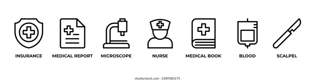 Comprehensive Medical Icons  Icons set vector illustration outline with INSURANCE, MEDICAL REPORT, MICROSCOPE, NURSE, MEDICAL BOOK, BLOOD,SCALPEL