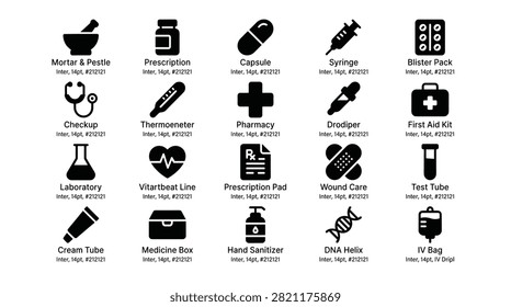 Comprehensive medical symbol collection including mortar pestle prescription bottles syringes blister packs thermometers stethoscopes laboratory glassware wound care.