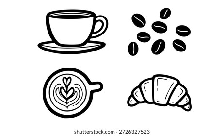 Una completa colección de Vector minimalista con Elementos esenciales de cafetería: una taza de café espresso en un platillo, una vista de arriba hacia abajo de un café con leche con arte de corazón, una masa de croissant mantecosa y un grupo de granos de café tostados. Este conjunto de doodle dibujado a mano es perfecto para diseños de menús de cafetería, marca de panadería, gráficos de redes sociales con temas de desayuno, arte de pared de cocina y sistemas de identidad de restaurantes.
