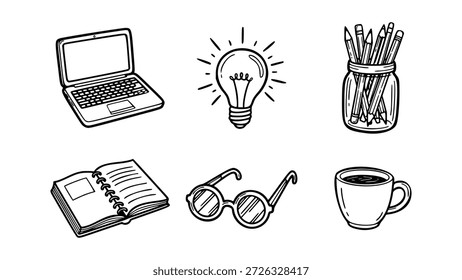 A comprehensive minimalist line art vector set of essential educational and office productivity icons. This collection includes a laptop, a glowing lightbulb for ideas, a jar of pencils, an open notebook, round eyeglasses, and a cup of coffee. These hand-drawn black and white doodles are perfect for e-learning platforms, student planners, creative agency branding, blog graphics, and school-themed presentation slides.