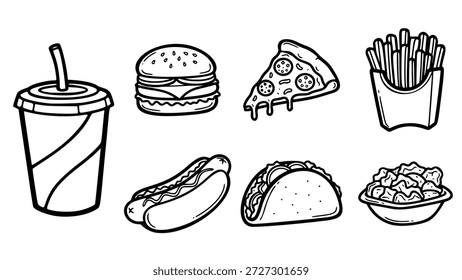 A comprehensive minimalist line art vector collection of popular fast food items. This set features high-quality hand-drawn doodles of a classic cheeseburger, a pepperoni pizza slice, crispy French fries, a hot dog, a Mexican taco, a soda cup with a straw, and a bowl of nachos or nuggets. These clean black and white graphics are perfect for restaurant menu designs, food delivery app icons, concession stand signage, and culinary-themed social media content.