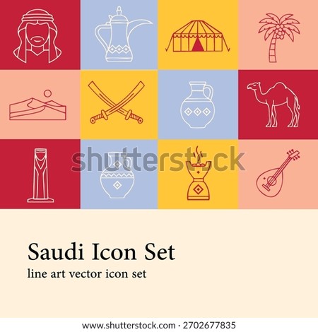 A comprehensive, minimalist line art vector icon set dedicated to the culture, heritage, and modernity of Saudi Arabia.