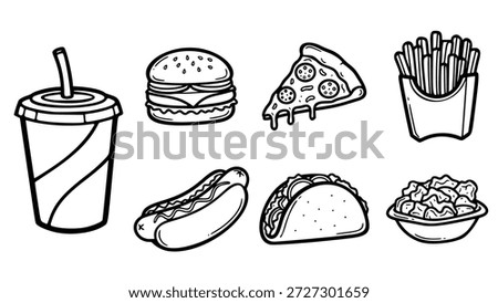 A comprehensive minimalist line art vector collection of popular fast food items. This set features high-quality hand-drawn doodles of a classic cheeseburger, a pepperoni pizza slice, crispy French fries, a hot dog, a Mexican taco, a soda cup with a straw, and a bowl of nachos or nuggets. These clean black and white graphics are perfect for restaurant menu designs, food delivery app icons, concession stand signage, and culinary-themed social media content.