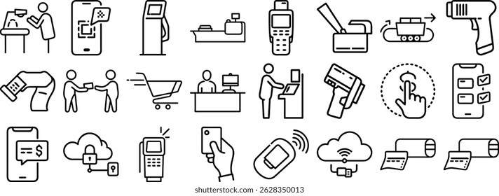 Un completo icono de conjunto minimalista que representa los métodos modernos de pago minorista y las transacciones financieras en varias formas