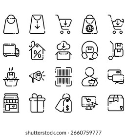 A comprehensive and modern icon pack designed for e-commerce, online shopping, and digital retail platforms. This set includes icons such as shopping carts, credit cards, delivery trucks, and more.